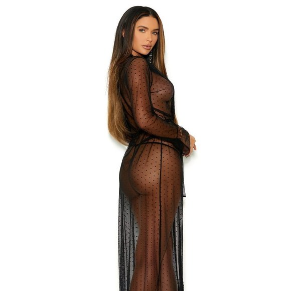 Size Small thru 3X - Black Dotted Mesh Robe & Panty - Picture 2 of 3